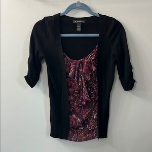 INC International Concepts Purple & Red Ruffle Blouse Attached Black Cardigan S